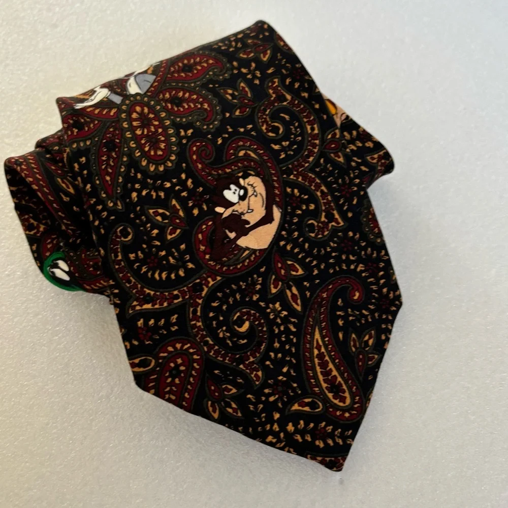 VTG 1994 Looney Tunes Silk Tie Bugs Bunny Marvin Taz Paisley Brown